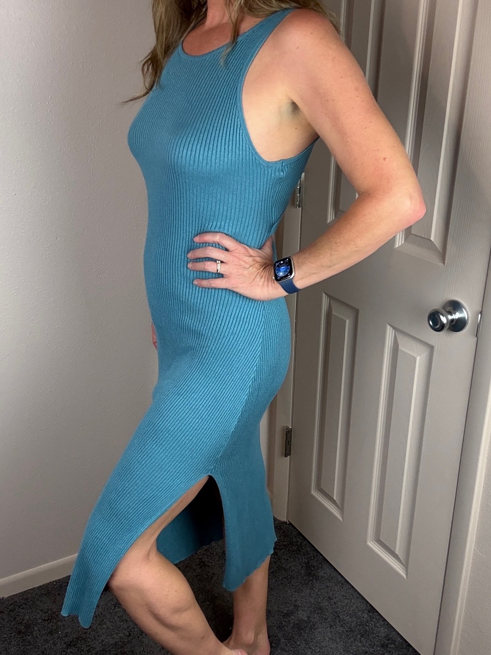 Sleeveless Ribbed Midi Dress in Teal Blue - Picture 2 of 12